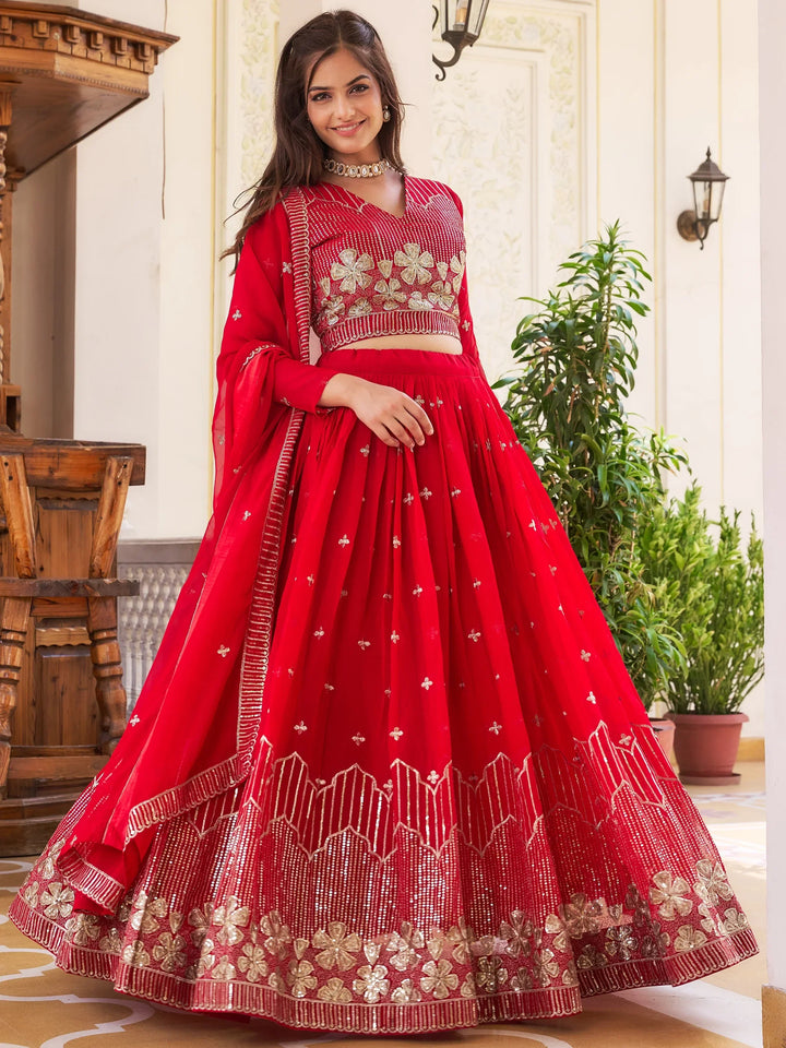 Fantastic Red Sequins Georgette Wedding Wear Lehenga Choli - Zeel Clothing