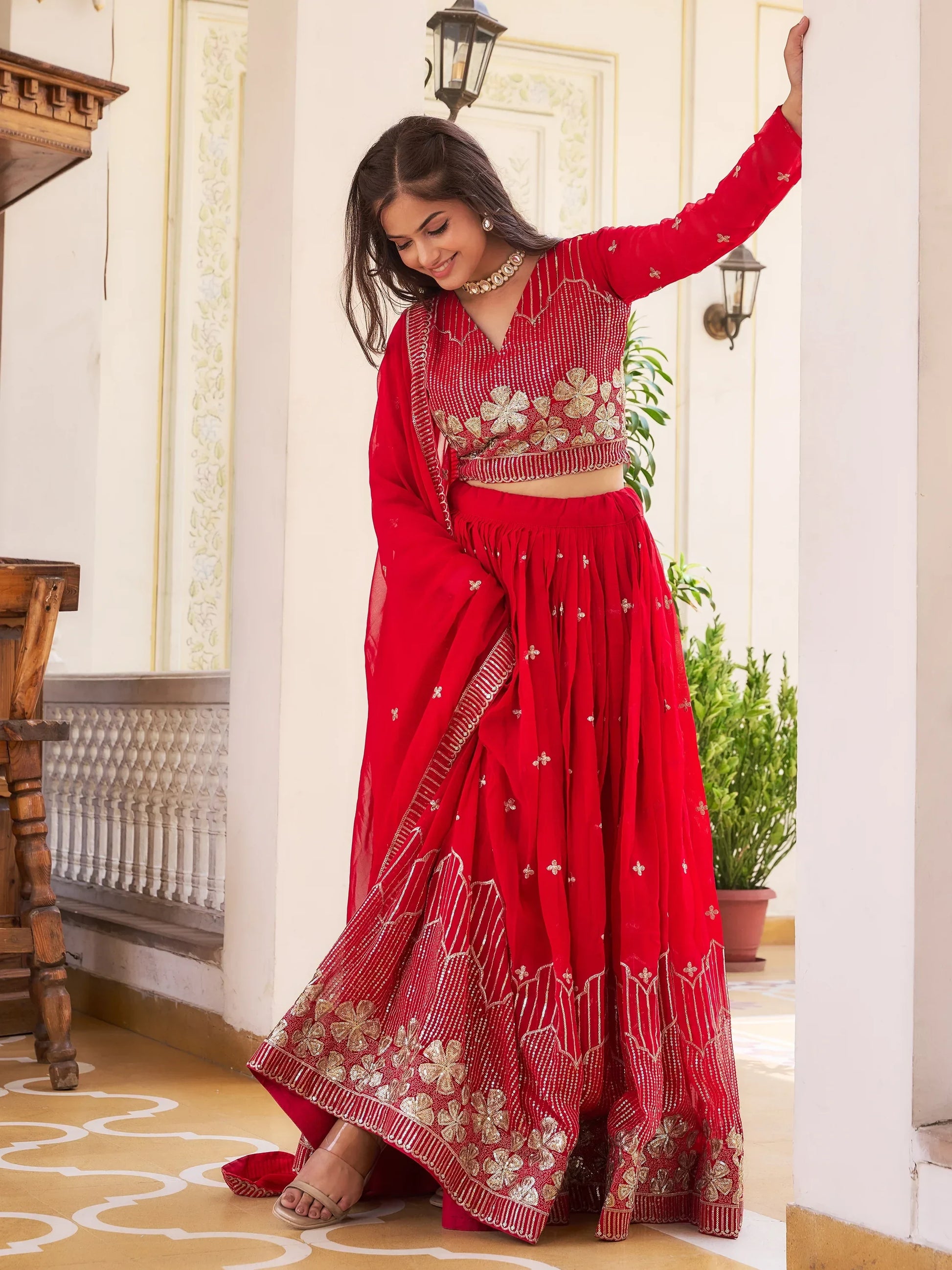 Fantastic Red Sequins Georgette Wedding Wear Lehenga Choli - Zeel Clothing