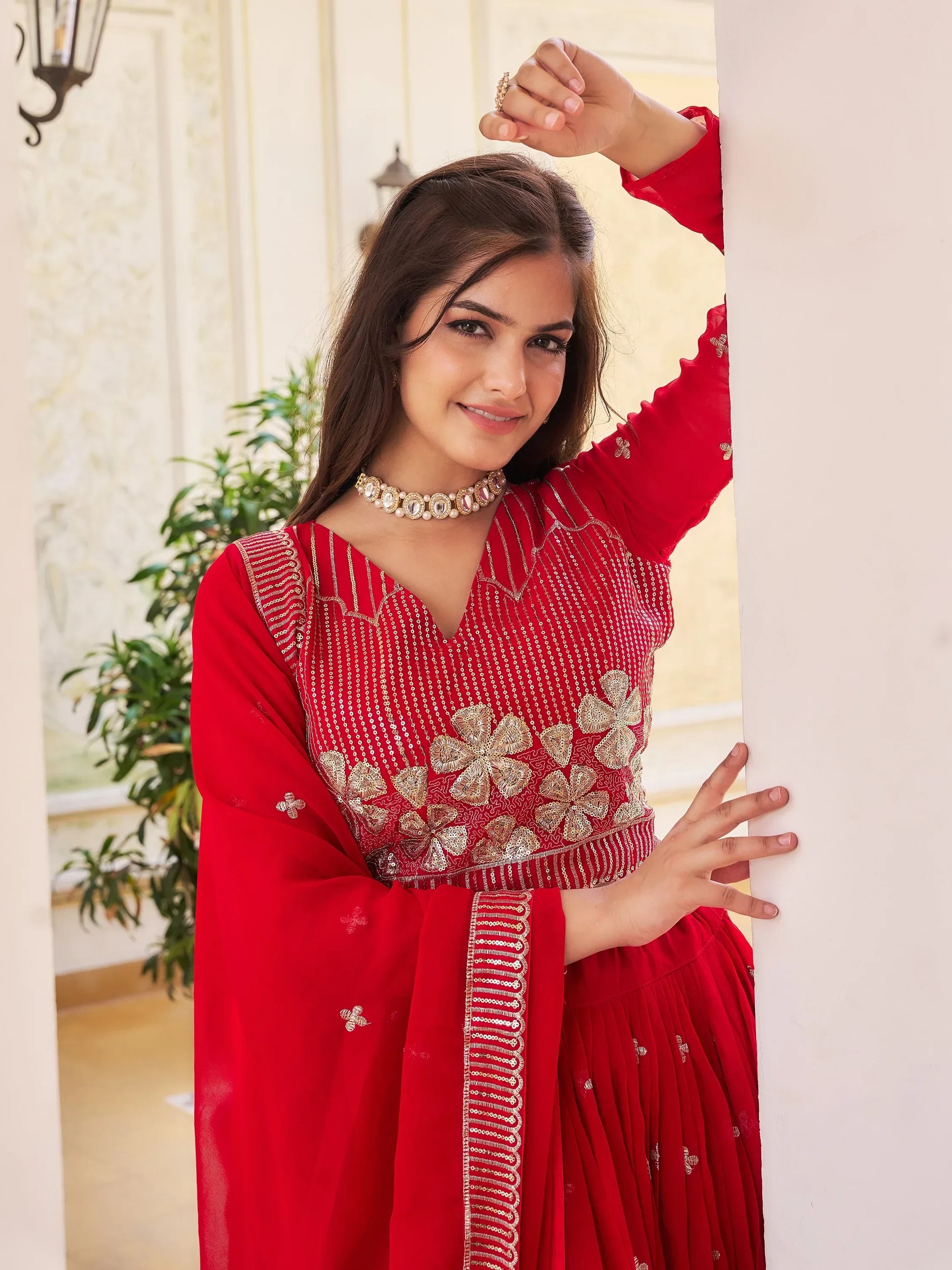 Fantastic Red Sequins Georgette Wedding Wear Lehenga Choli - Zeel Clothing