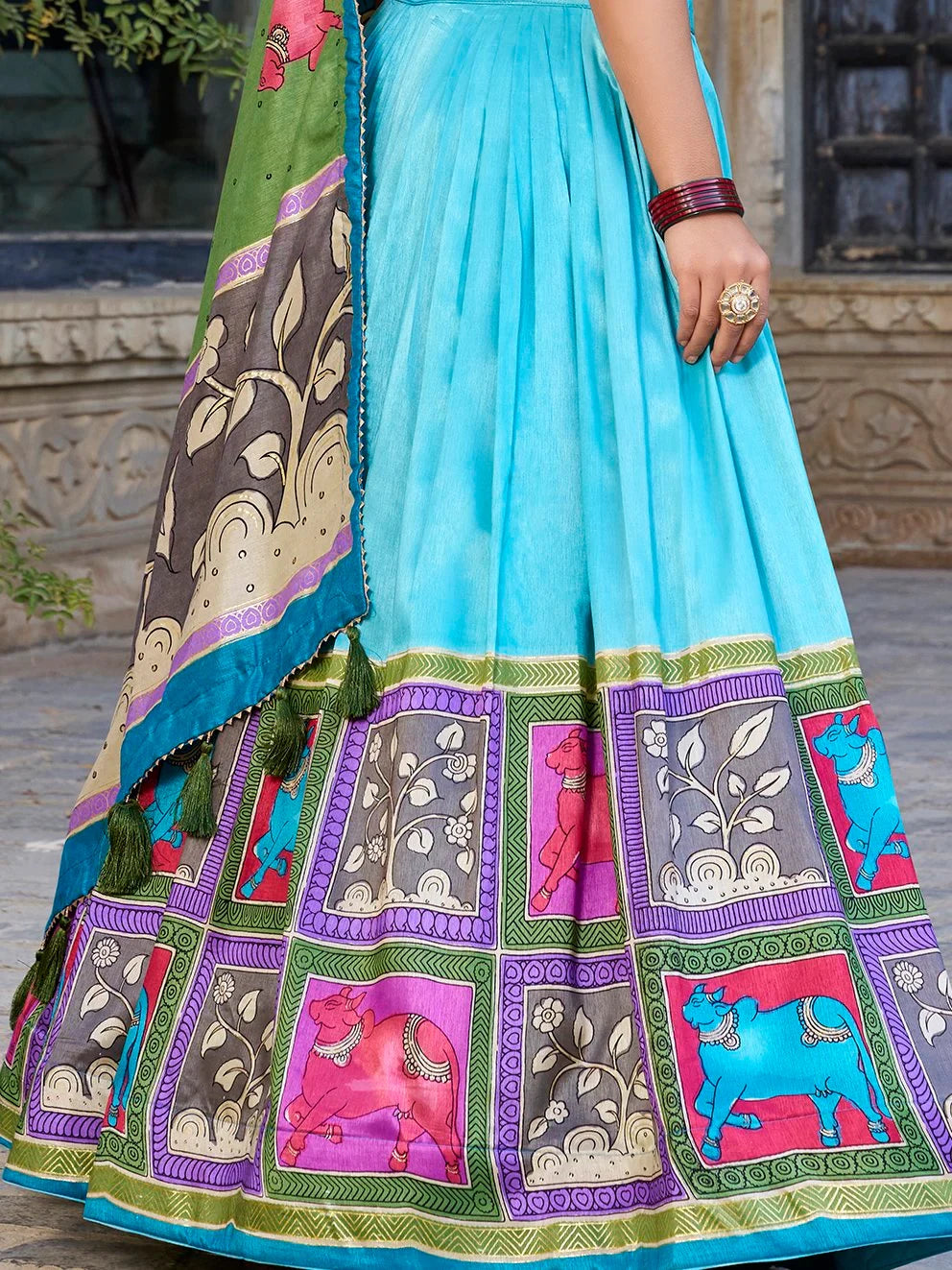 Fantastic Sea Green Kalamkari Print Tussar Silk Festive Wear Lehenga Choli - Zeel Clothing