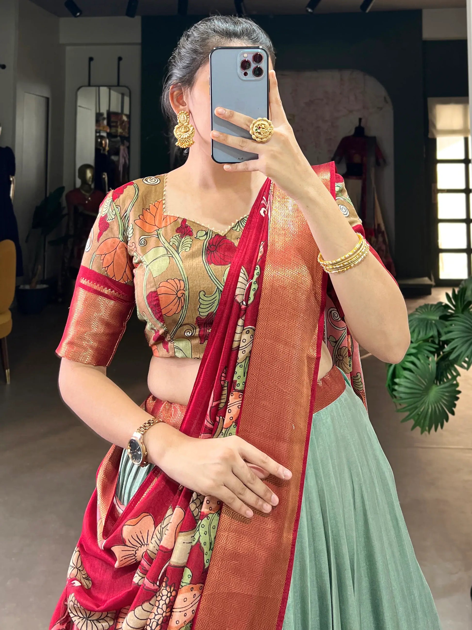 Fantastic Sea Green Kalamkari Printed Silk Festival Wear Lehenga Choli - Zeel Clothing