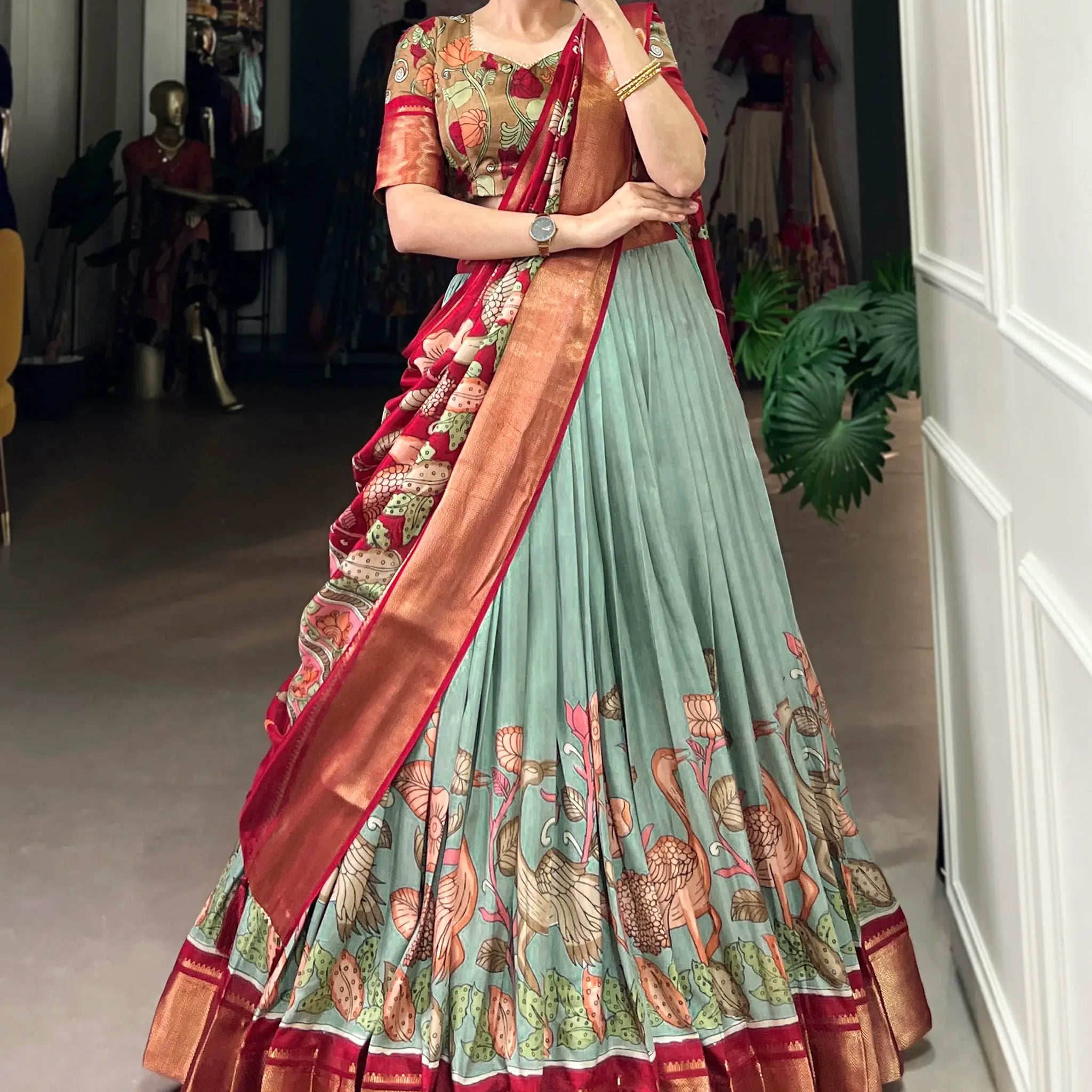 Fantastic Sea Green Kalamkari Printed Silk Festival Wear Lehenga Choli - Zeel Clothing