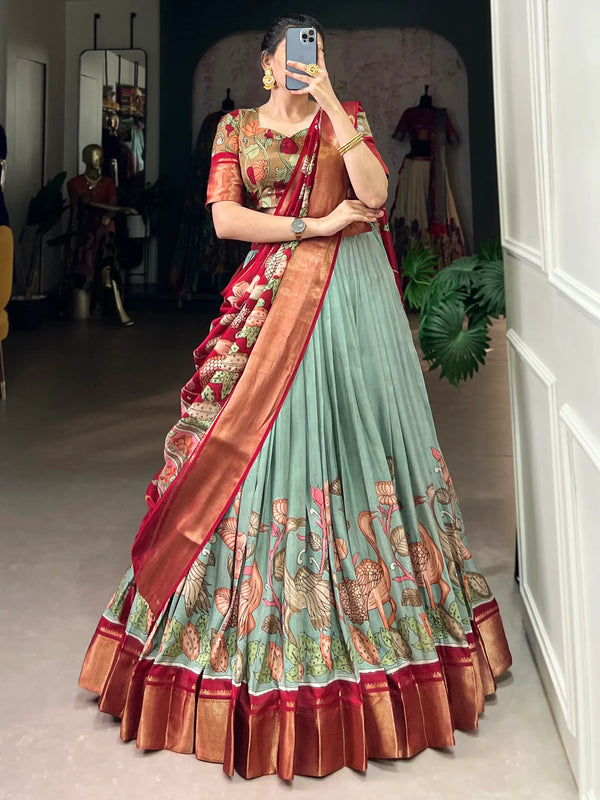 Fantastic Sea Green Kalamkari Printed Silk Festival Wear Lehenga Choli - Zeel Clothing