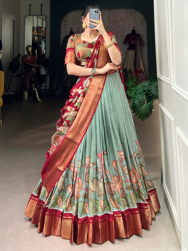 Fantastic Sea Green Kalamkari Printed Silk Festival Wear Lehenga Choli - Zeel Clothing