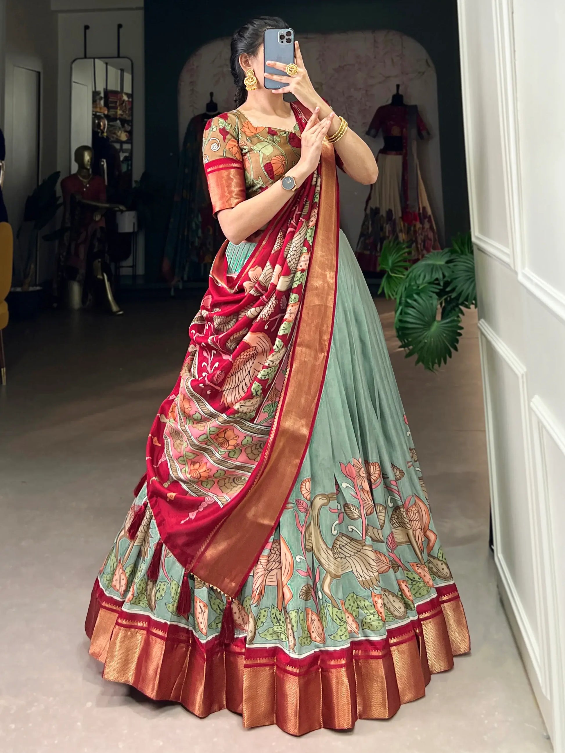 Fantastic Sea Green Kalamkari Printed Silk Festival Wear Lehenga Choli - Zeel Clothing