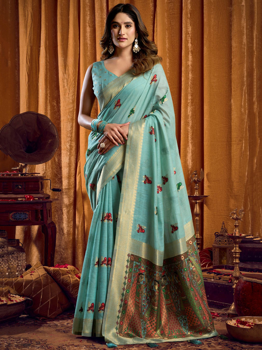 Fantastic Turquoise Khata Work Khadi Evening Wear Saree With Blouse