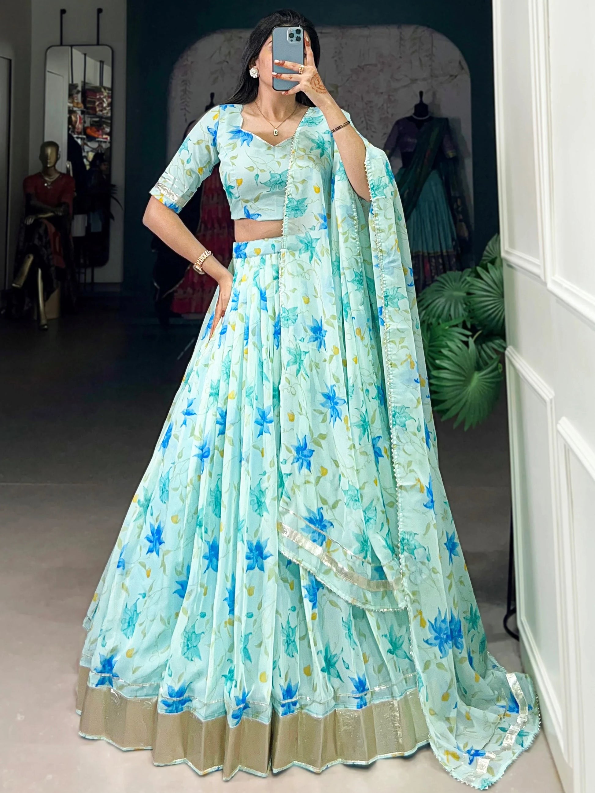 Fantastic Sky Blue Floral Printed Silk Traditional Lehenga Choli With Dupatta