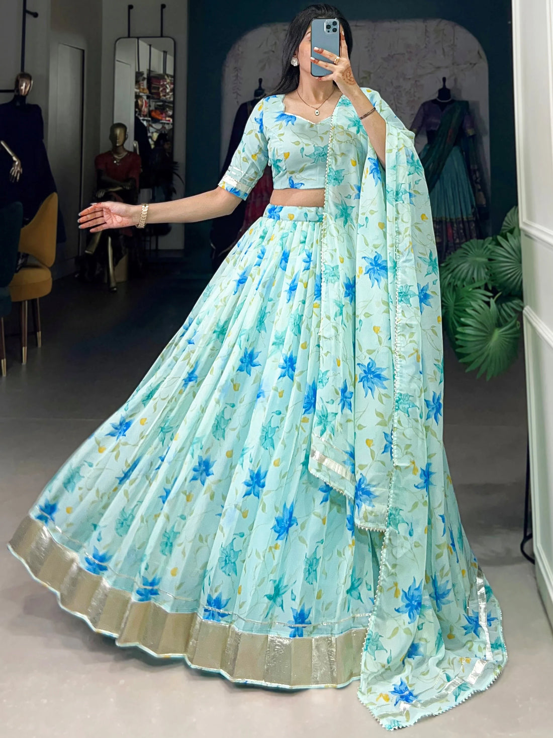 Fantastic Sky Blue Floral Printed Silk Traditional Lehenga Choli With Dupatta
