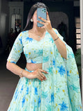 Fantastic Sky Blue Floral Printed Silk Traditional Lehenga Choli With Dupatta