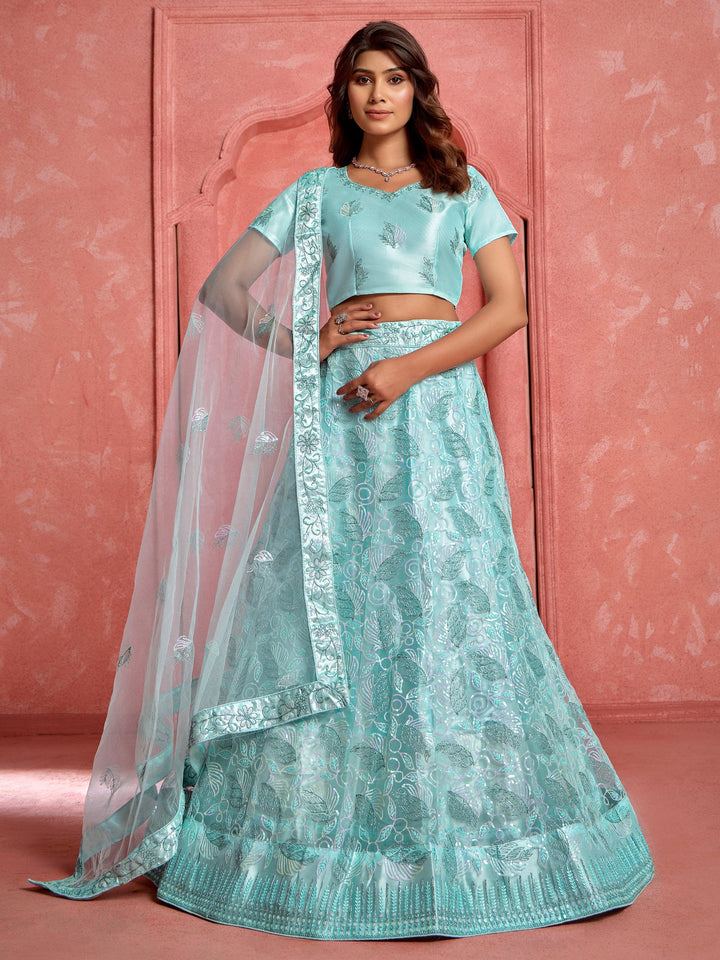 Fantastic Sky-Blue Sequins Net Bridal Wear Lehenga Choli With Dupatta - Zeel Clothing