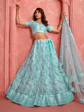 Fantastic Sky-Blue Sequins Net Bridal Wear Lehenga Choli With Dupatta - Zeel Clothing
