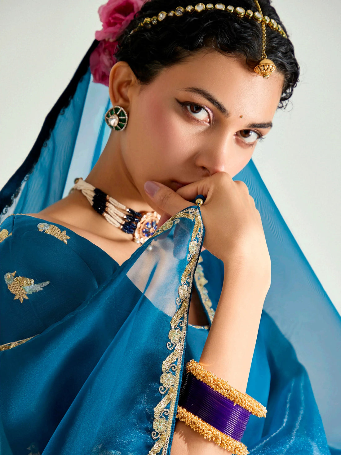 Fantastic Teal Blue Embroidery Border Work Organza Function Wear Saree - Zeel Clothing