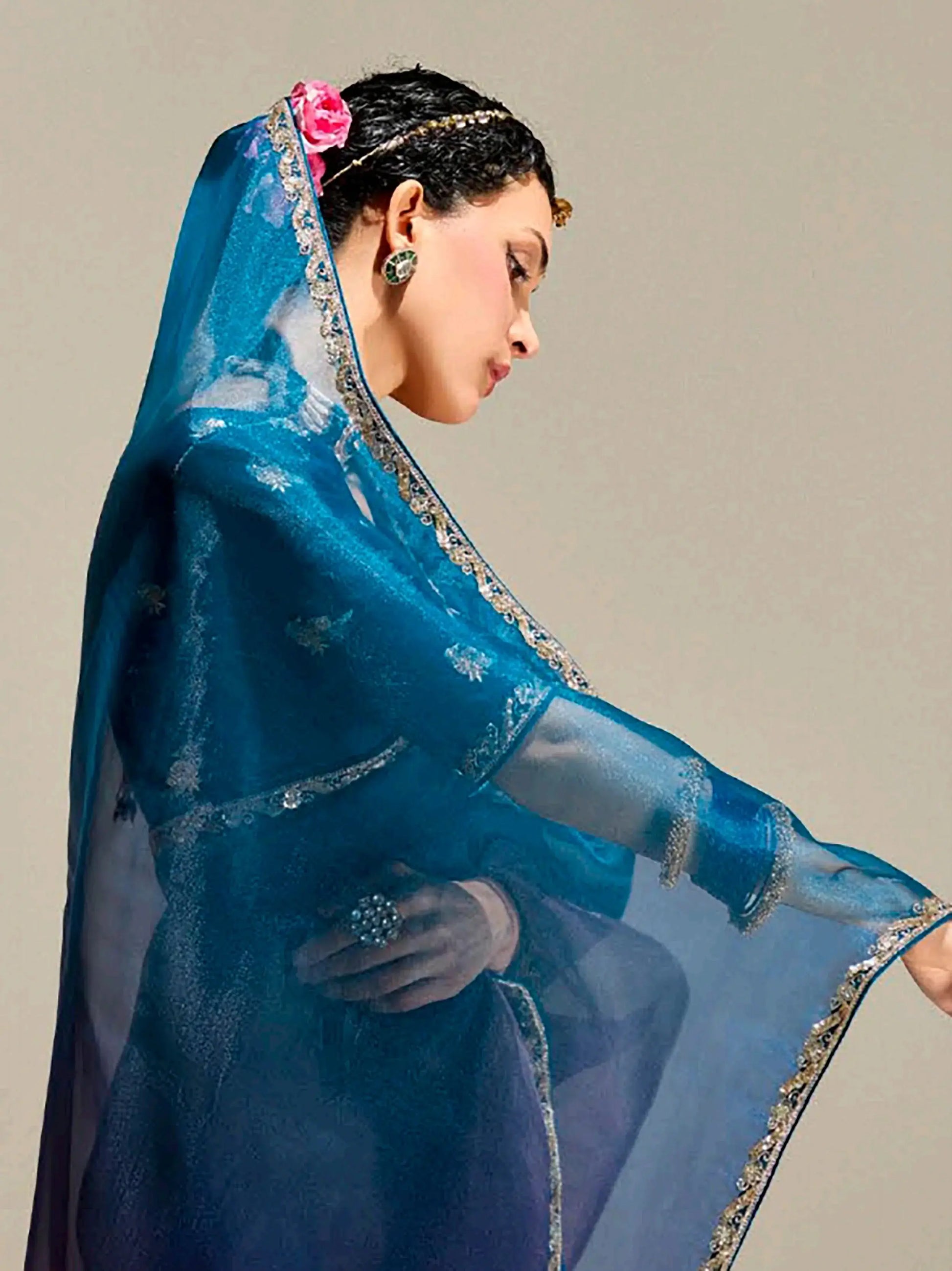 Fantastic Teal Blue Embroidery Border Work Organza Function Wear Saree - Zeel Clothing