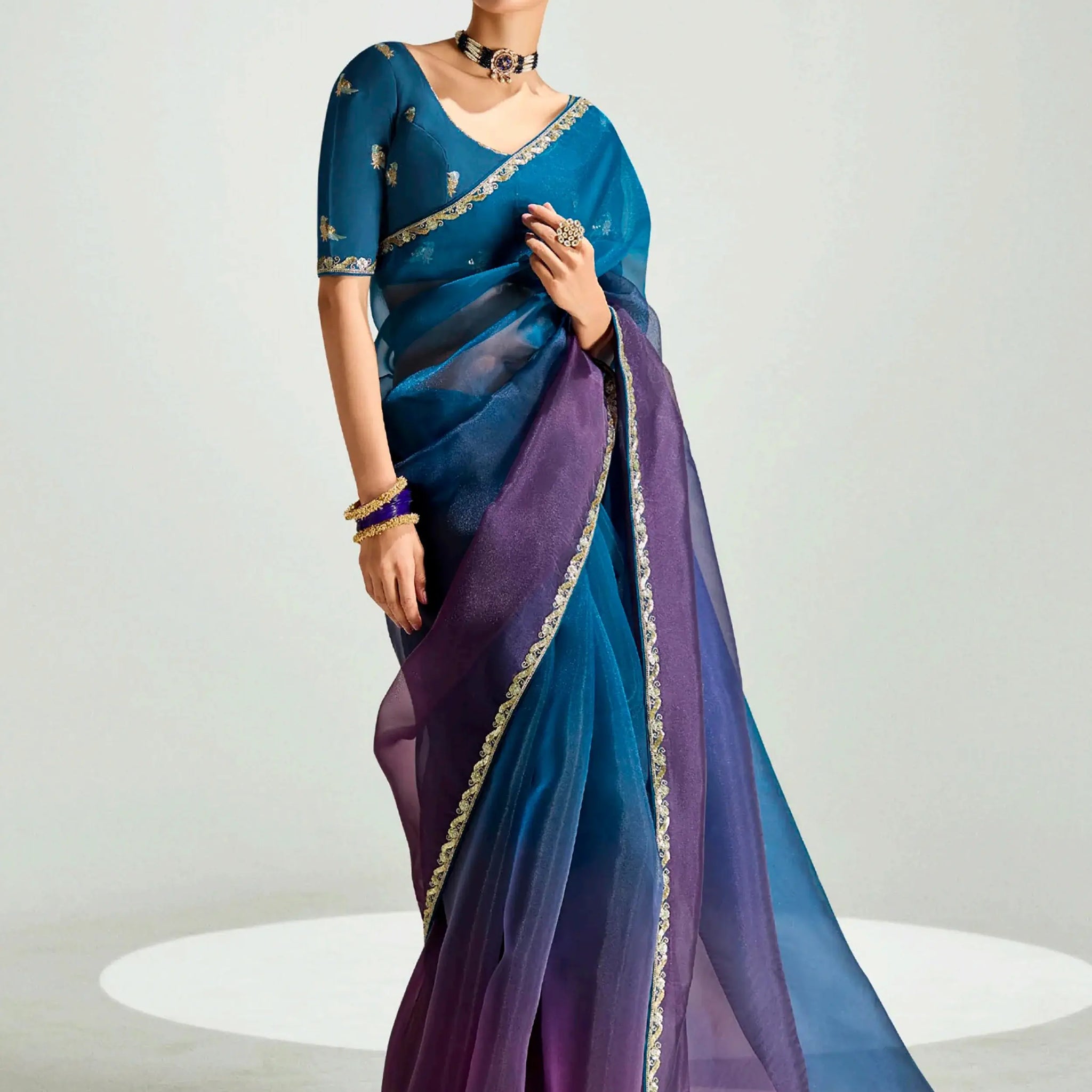 Fantastic Teal Blue Embroidery Border Work Organza Function Wear Saree - Zeel Clothing