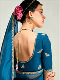 Fantastic Teal Blue Embroidery Border Work Organza Function Wear Saree - Zeel Clothing
