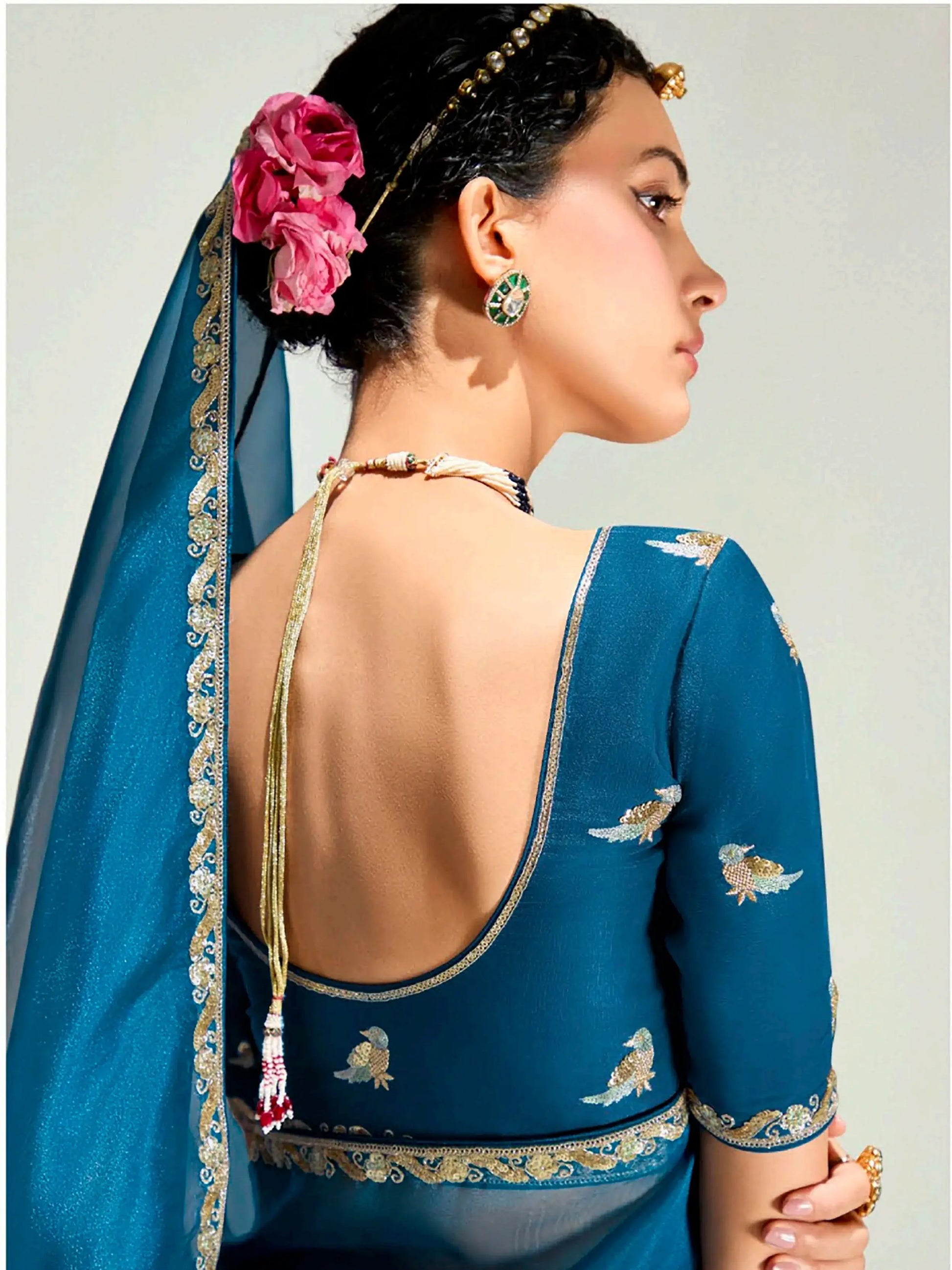 Fantastic Teal Blue Embroidery Border Work Organza Function Wear Saree - Zeel Clothing