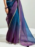Fantastic Teal Blue Embroidery Border Work Organza Function Wear Saree - Zeel Clothing