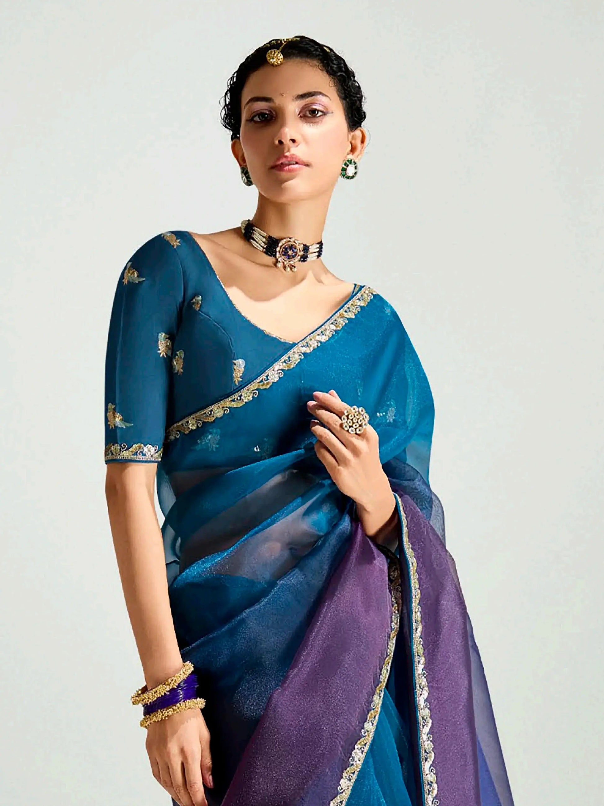 Fantastic Teal Blue Embroidery Border Work Organza Function Wear Saree - Zeel Clothing