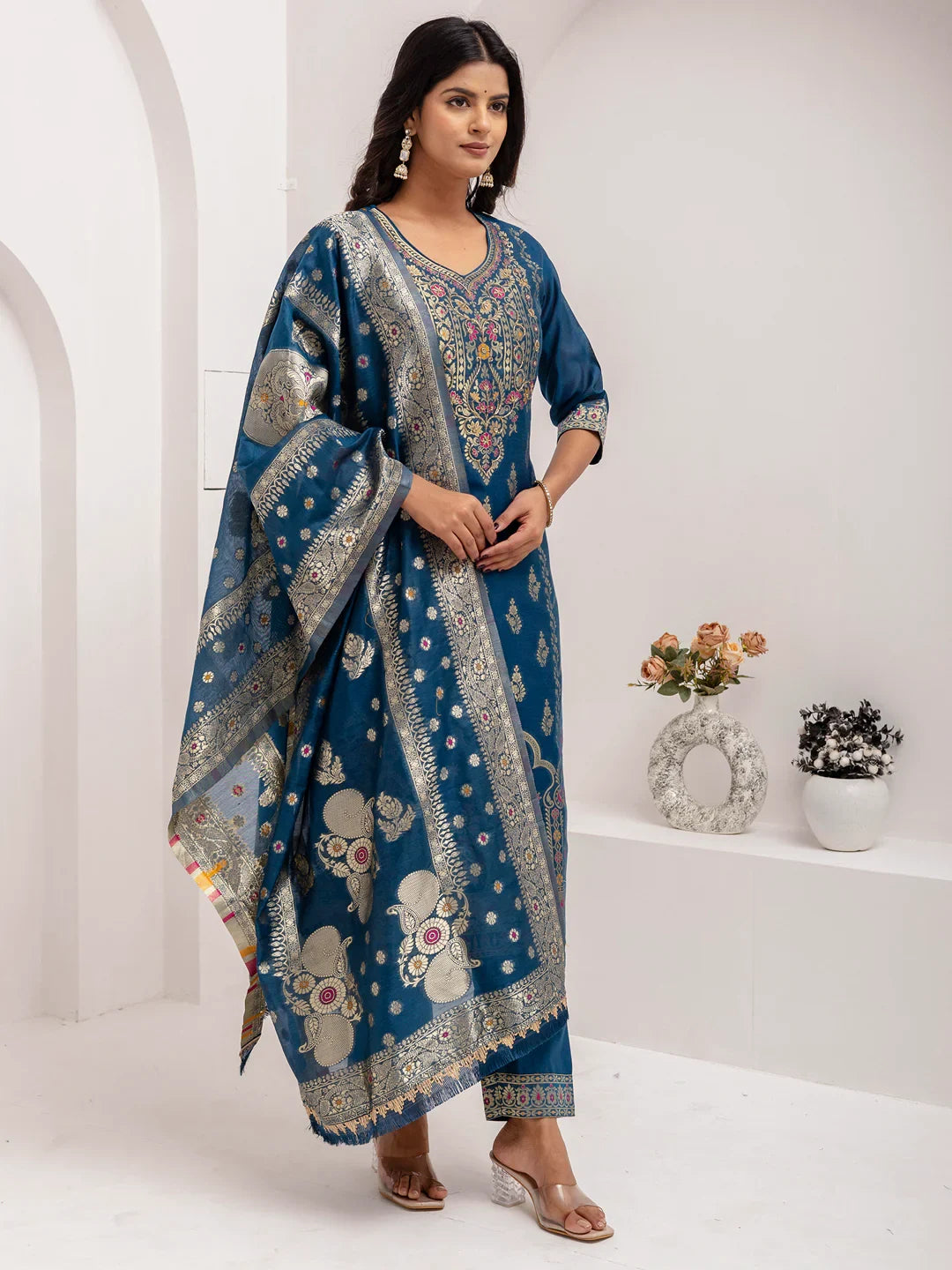 Fantastic Teal Blue Hand Work Jacquard Silk Party Wear Pant Suit With Dupatta - Zeel Clothing