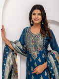 Fantastic Teal Blue Hand Work Jacquard Silk Party Wear Pant Suit With Dupatta - Zeel Clothing