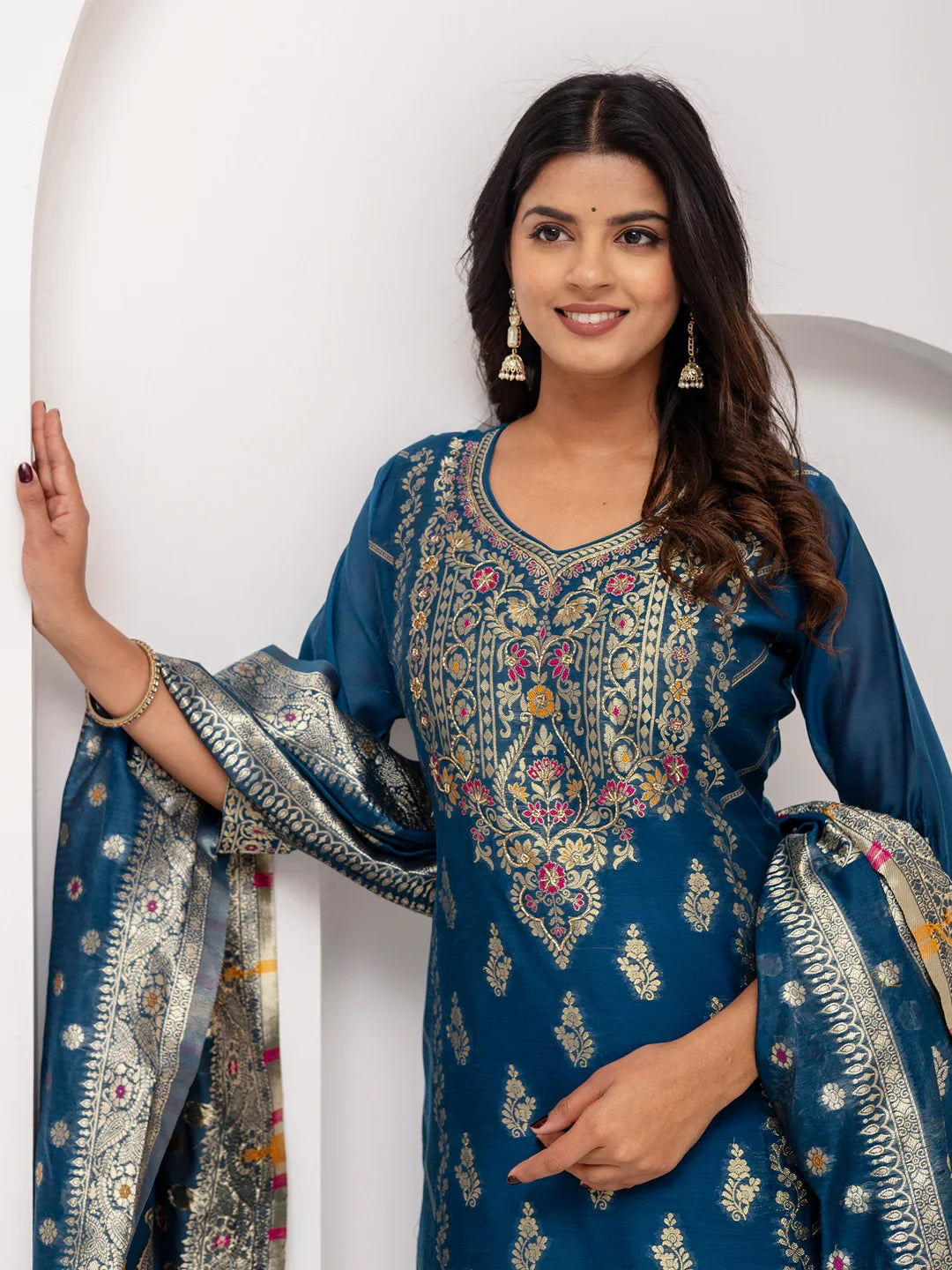 Fantastic Teal Blue Hand Work Jacquard Silk Party Wear Pant Suit With Dupatta - Zeel Clothing