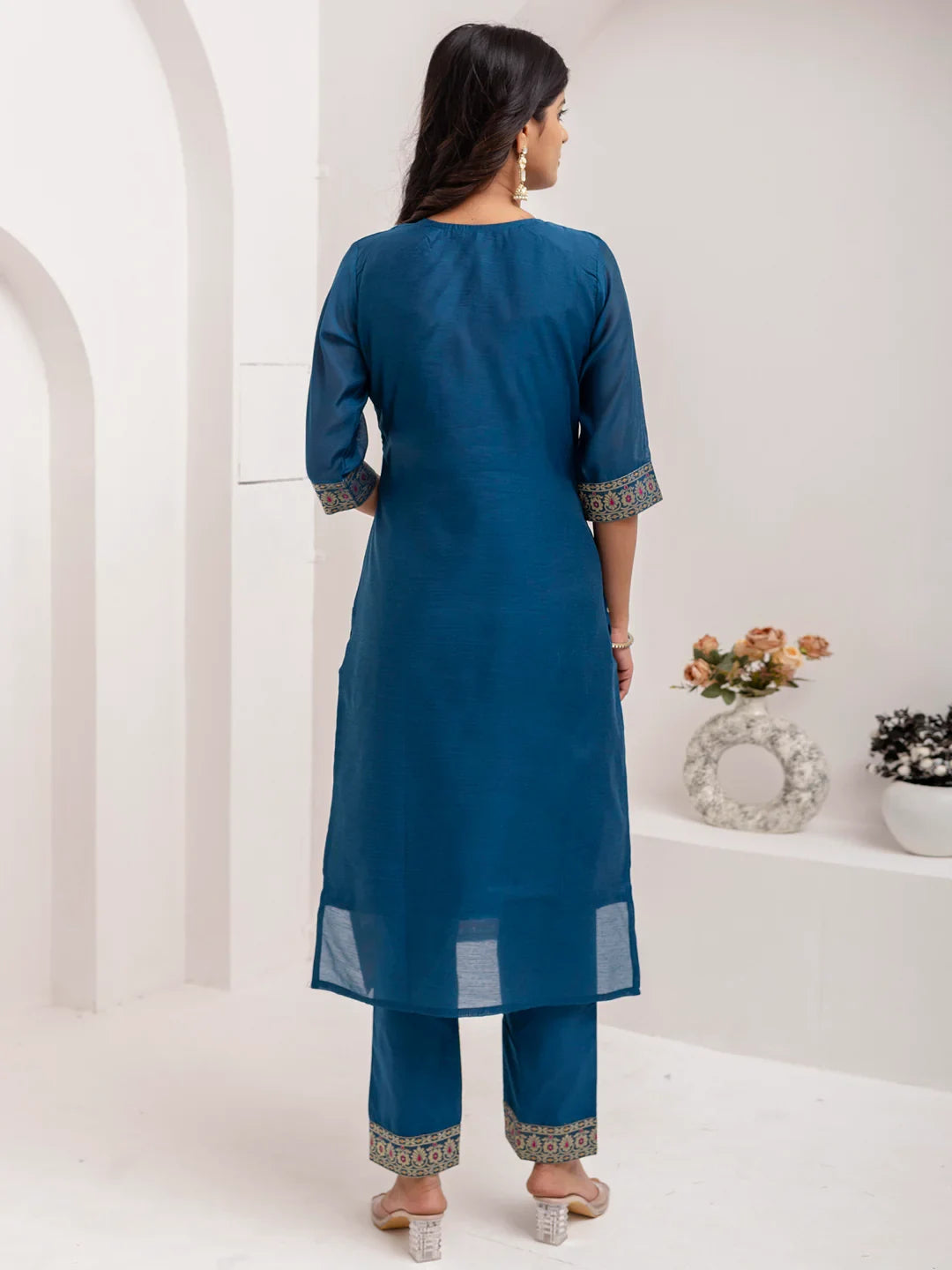 Fantastic Teal Blue Hand Work Jacquard Silk Party Wear Pant Suit With Dupatta - Zeel Clothing