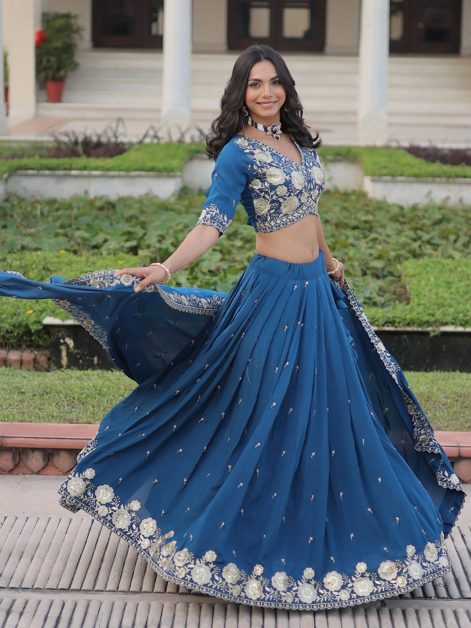Fantastic Teal Blue Sequins Embroidery Silk Engagement Wear Lehenga Choli