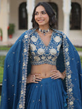 Fantastic Teal Blue Sequins Embroidery Silk Engagement Wear Lehenga Choli