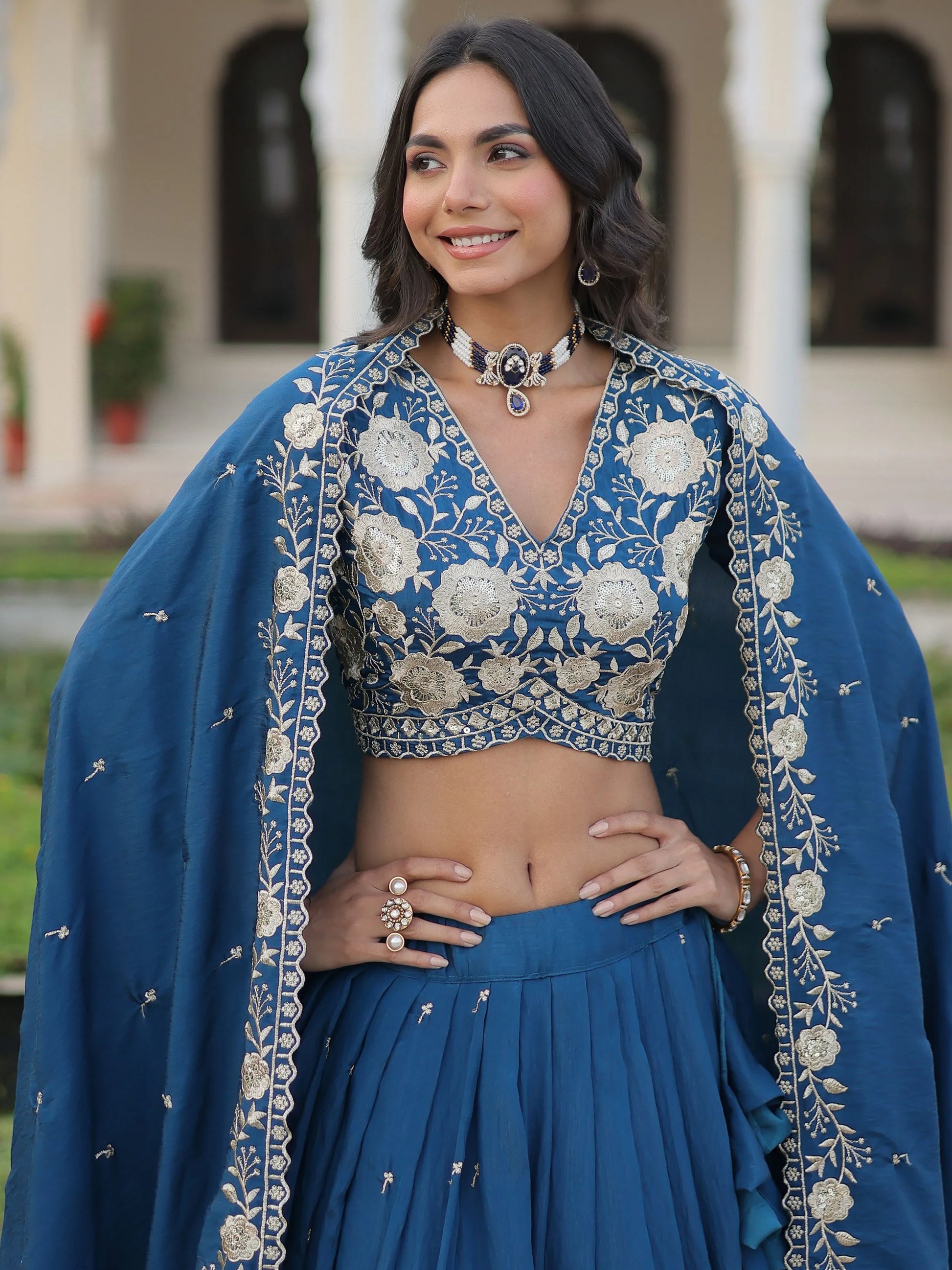 Fantastic Teal Blue Sequins Embroidery Silk Engagement Wear Lehenga Choli