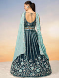 Fantastic Teal Blue Sequins Satin Wedding Lehenga Choli With Dupatta - Zeel Clothing