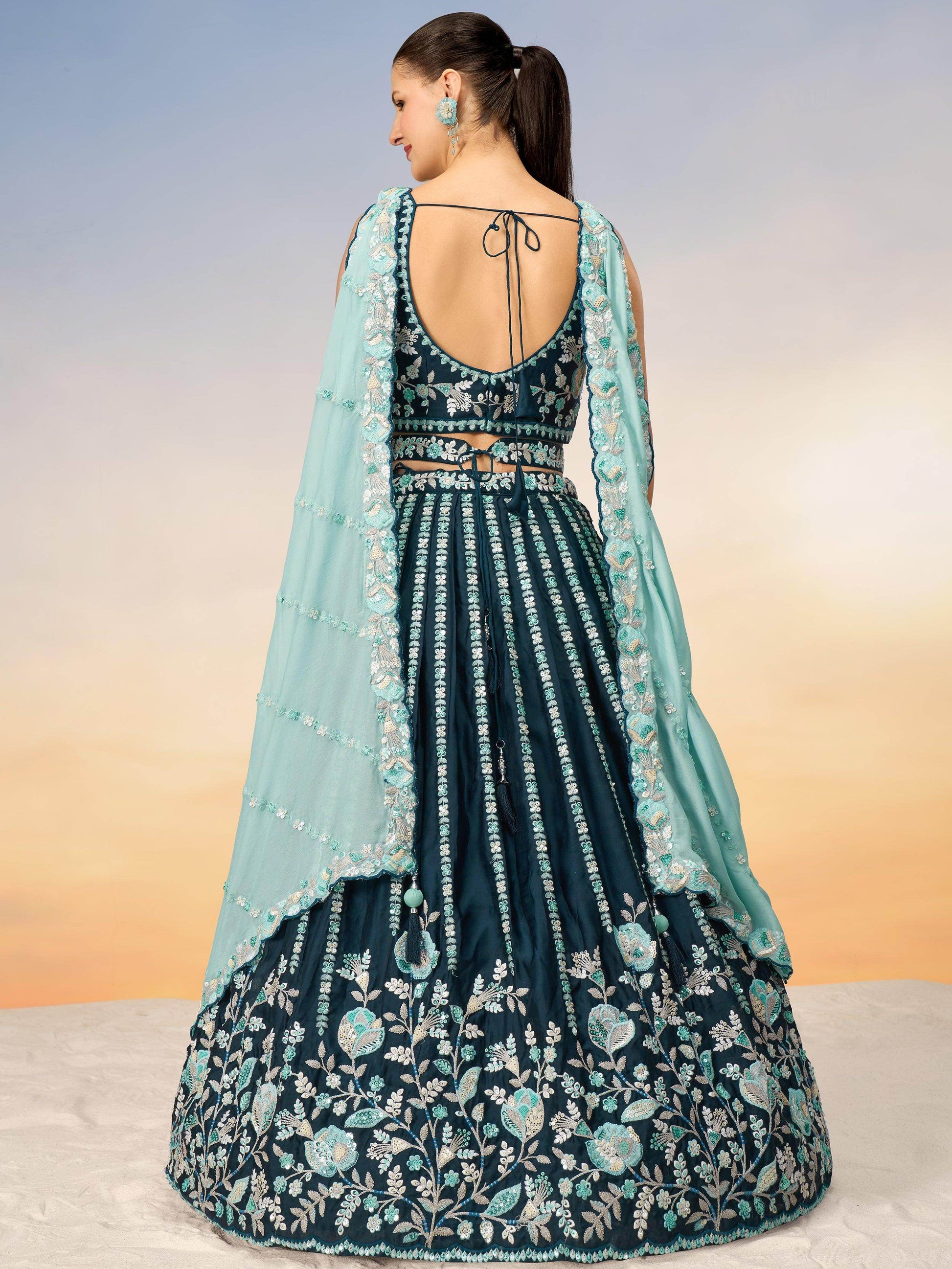 Fantastic Teal Blue Sequins Satin Wedding Lehenga Choli With Dupatta - Zeel Clothing