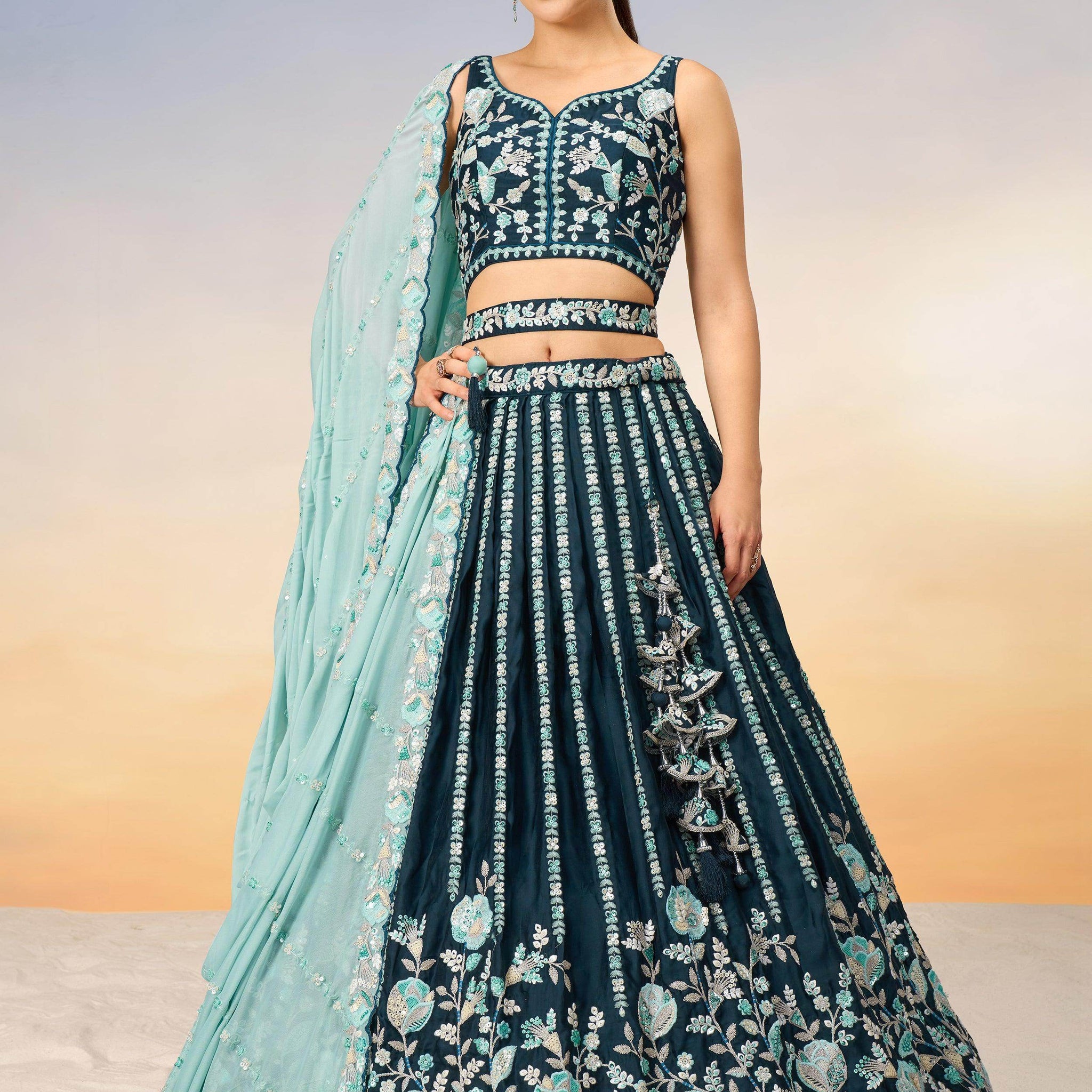 Fantastic Teal Blue Sequins Satin Wedding Lehenga Choli With Dupatta - Zeel Clothing
