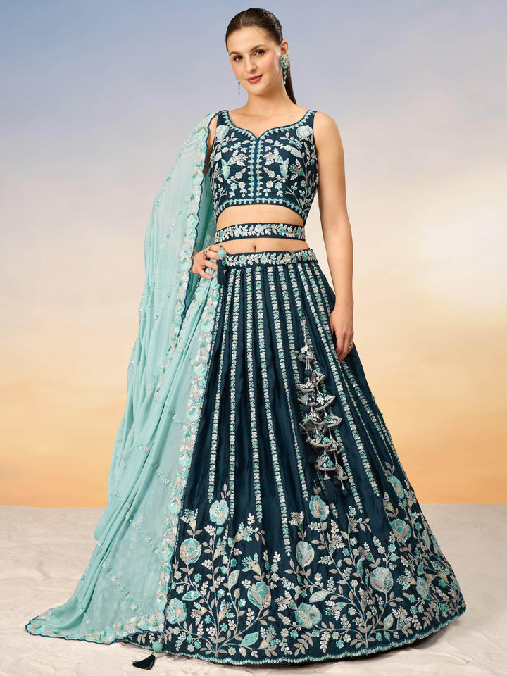 Fantastic Teal Blue Sequins Satin Wedding Lehenga Choli With Dupatta - Zeel Clothing