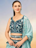 Fantastic Teal Blue Sequins Satin Wedding Lehenga Choli With Dupatta - Zeel Clothing