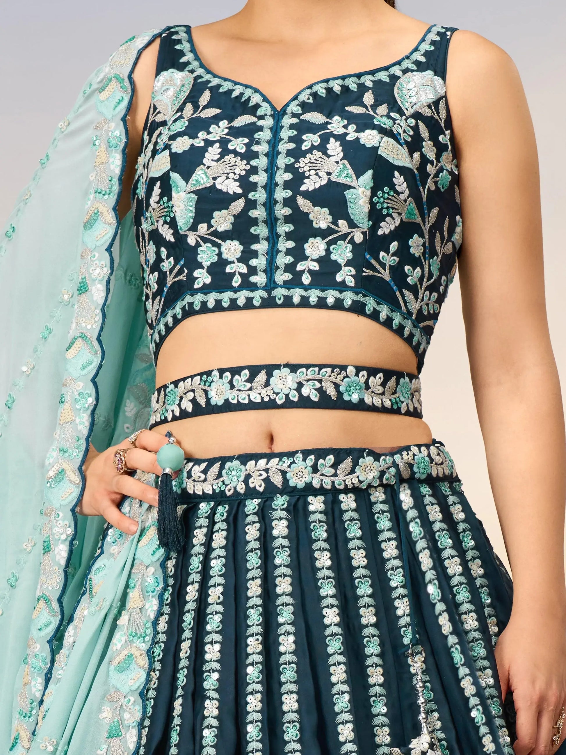 Fantastic Teal Blue Sequins Satin Wedding Lehenga Choli With Dupatta - Zeel Clothing