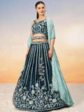 Fantastic Teal Blue Sequins Satin Wedding Lehenga Choli With Dupatta - Zeel Clothing