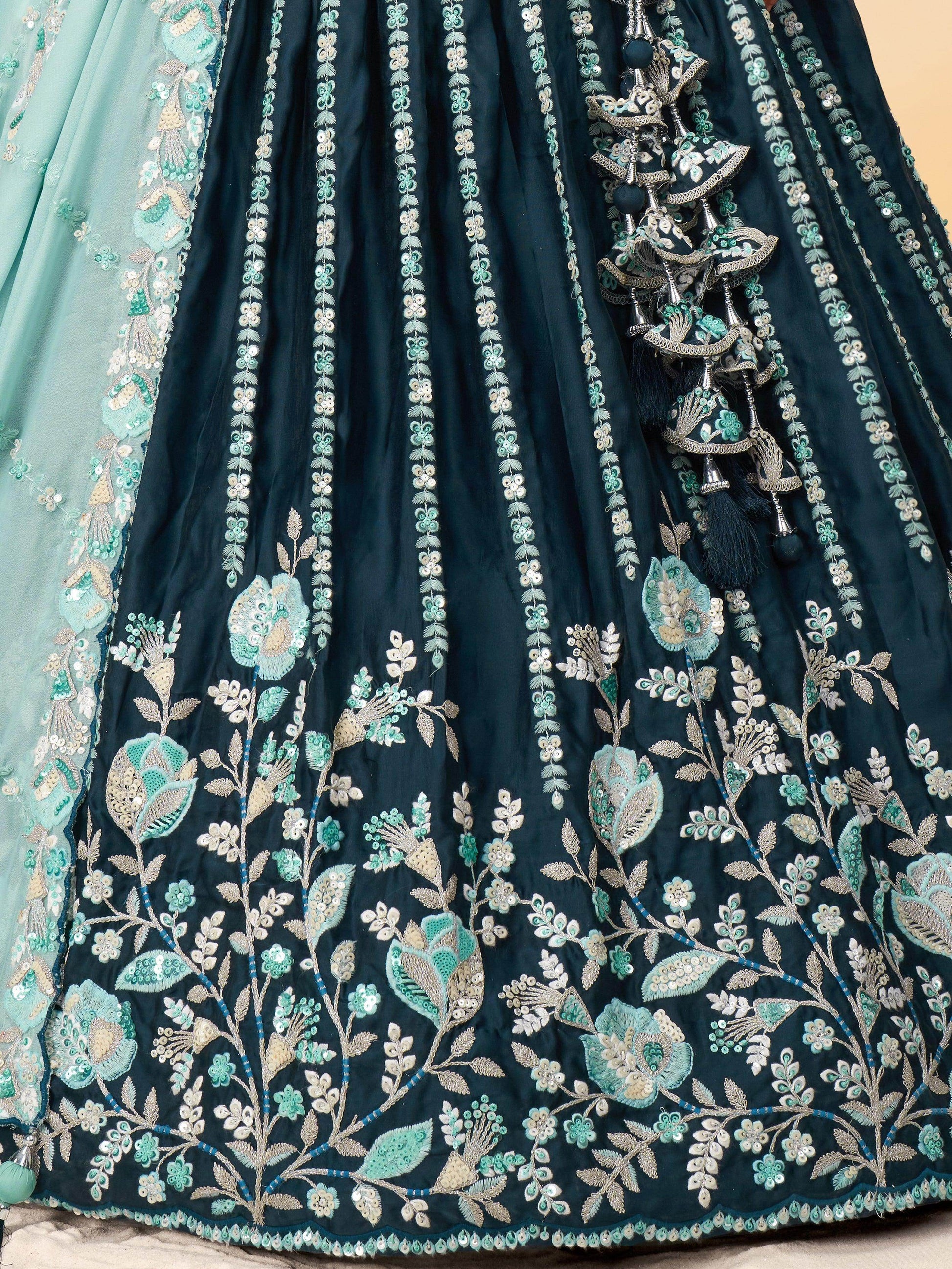 Fantastic Teal Blue Sequins Satin Wedding Lehenga Choli With Dupatta - Zeel Clothing