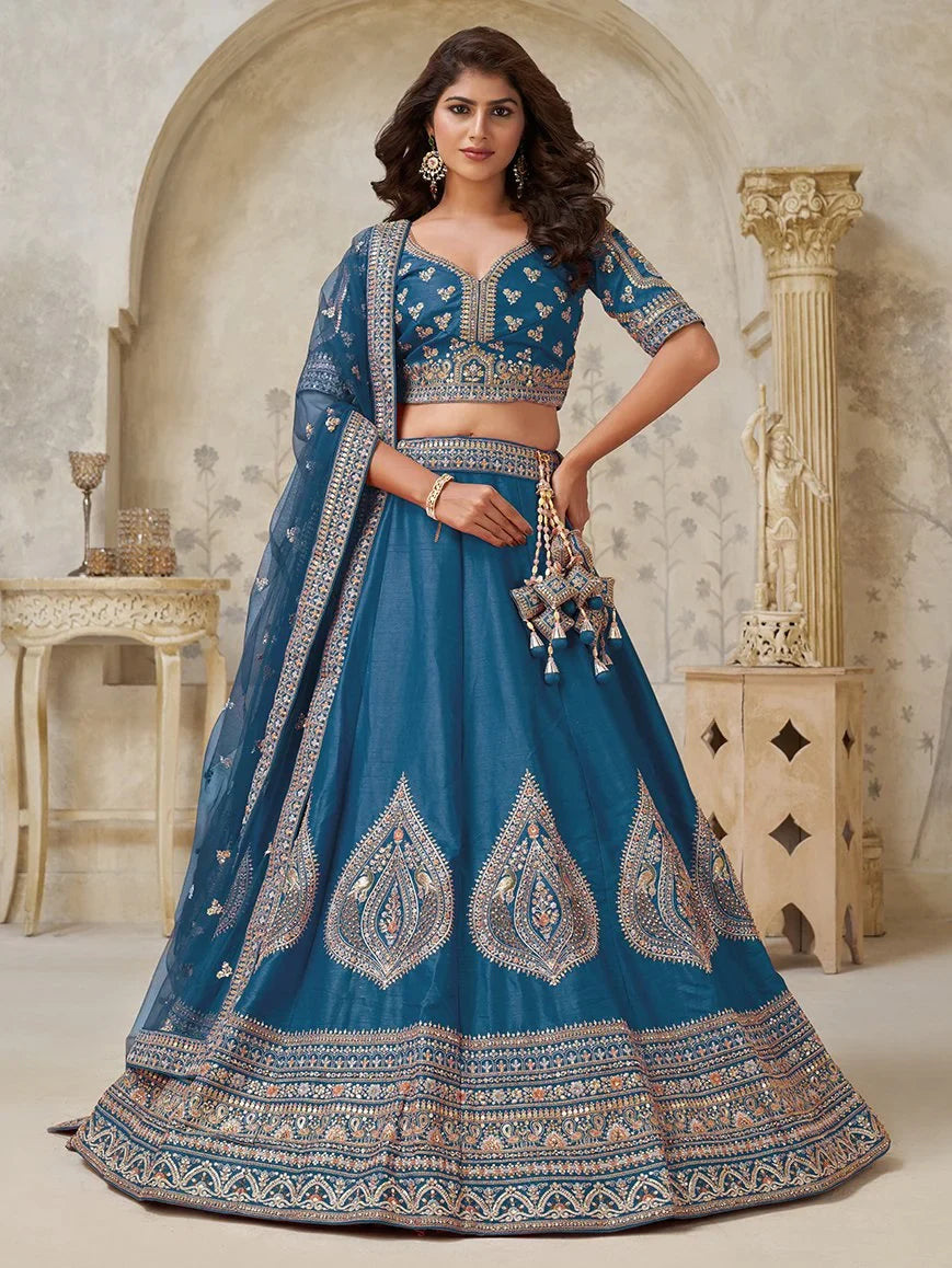 Fantastic Teal Blue Thread Embroidered Silk Sangeet Wear Lehenga Choli