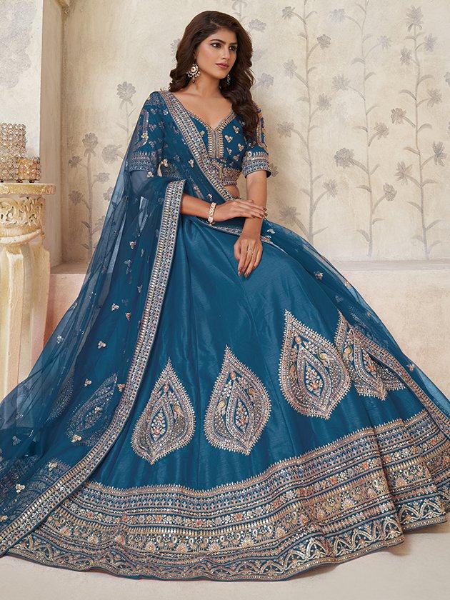Fantastic Teal Blue Thread Embroidered Silk Sangeet Wear Lehenga Choli