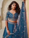 Fantastic Teal Blue Thread Embroidered Silk Sangeet Wear Lehenga Choli