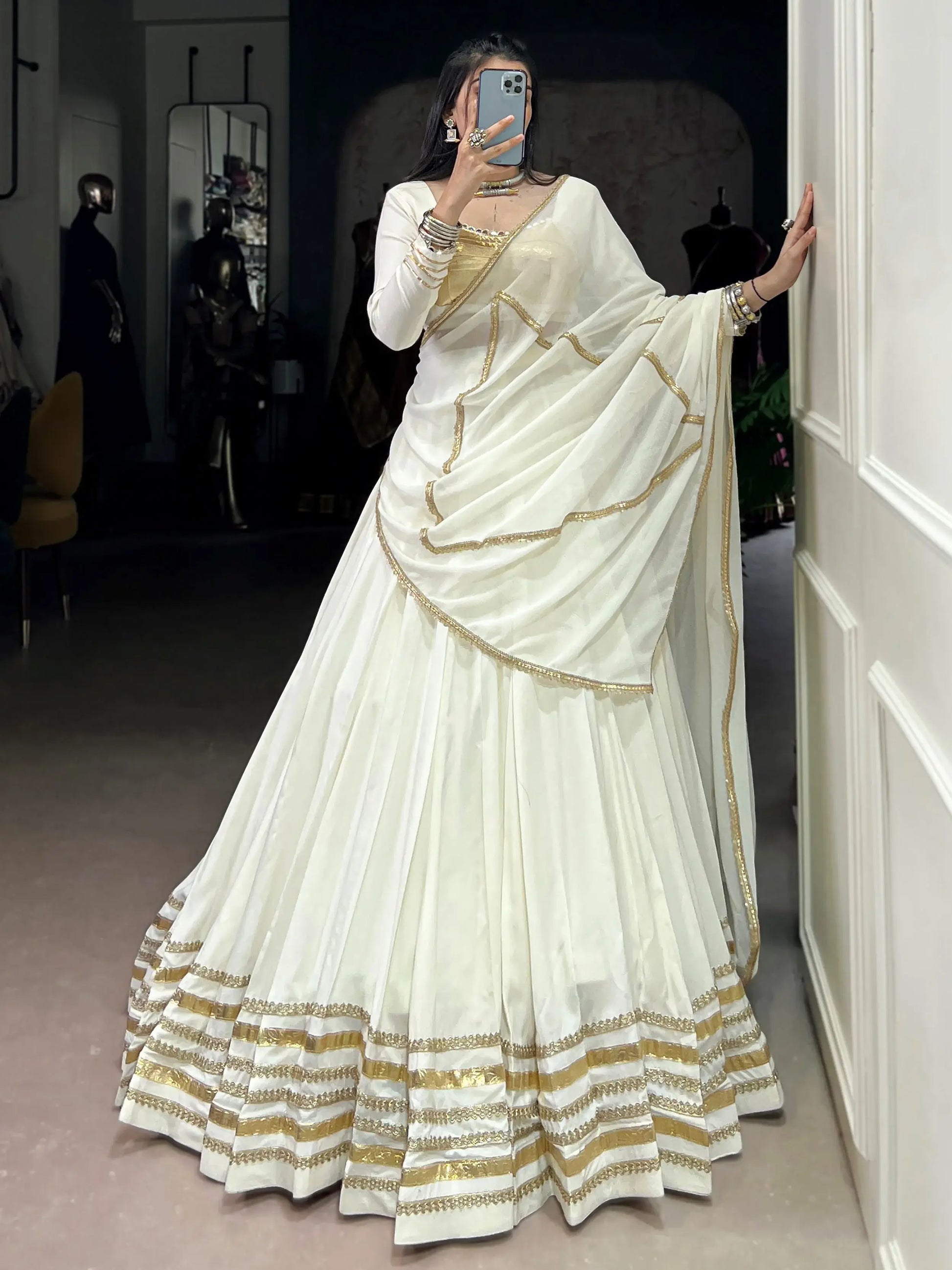 Fantastic White Lace Work Chiffon Navratri Special Lehenga Choli With Dupatta - Zeel Clothing