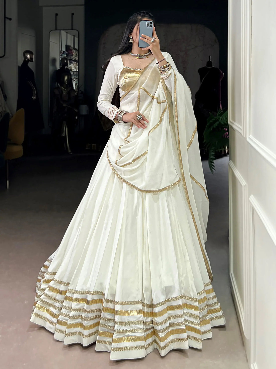Fantastic White Lace Work Chiffon Navratri Special Lehenga Choli With Dupatta - Zeel Clothing
