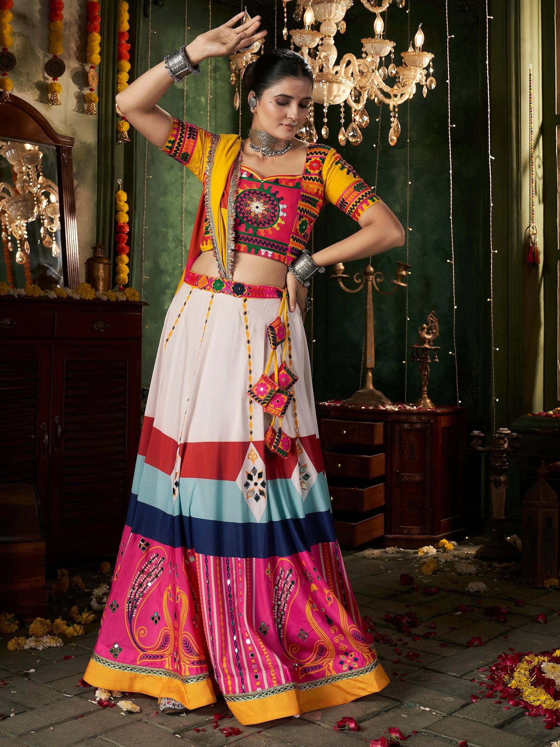 Fantastic White Mirror Work Cotton Navratri Lehenga Choli