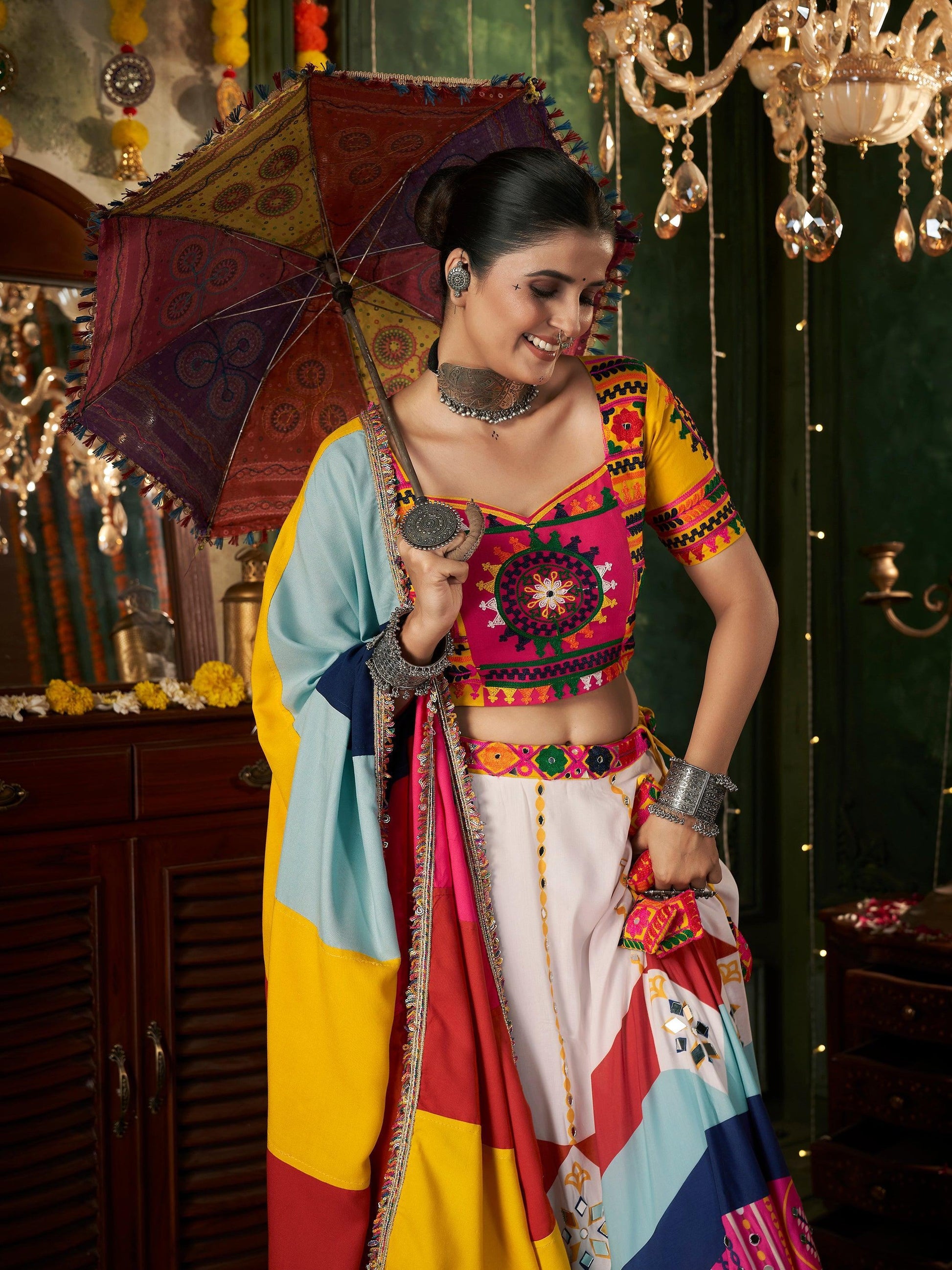 Fantastic White Mirror Work Cotton Navratri Lehenga Choli