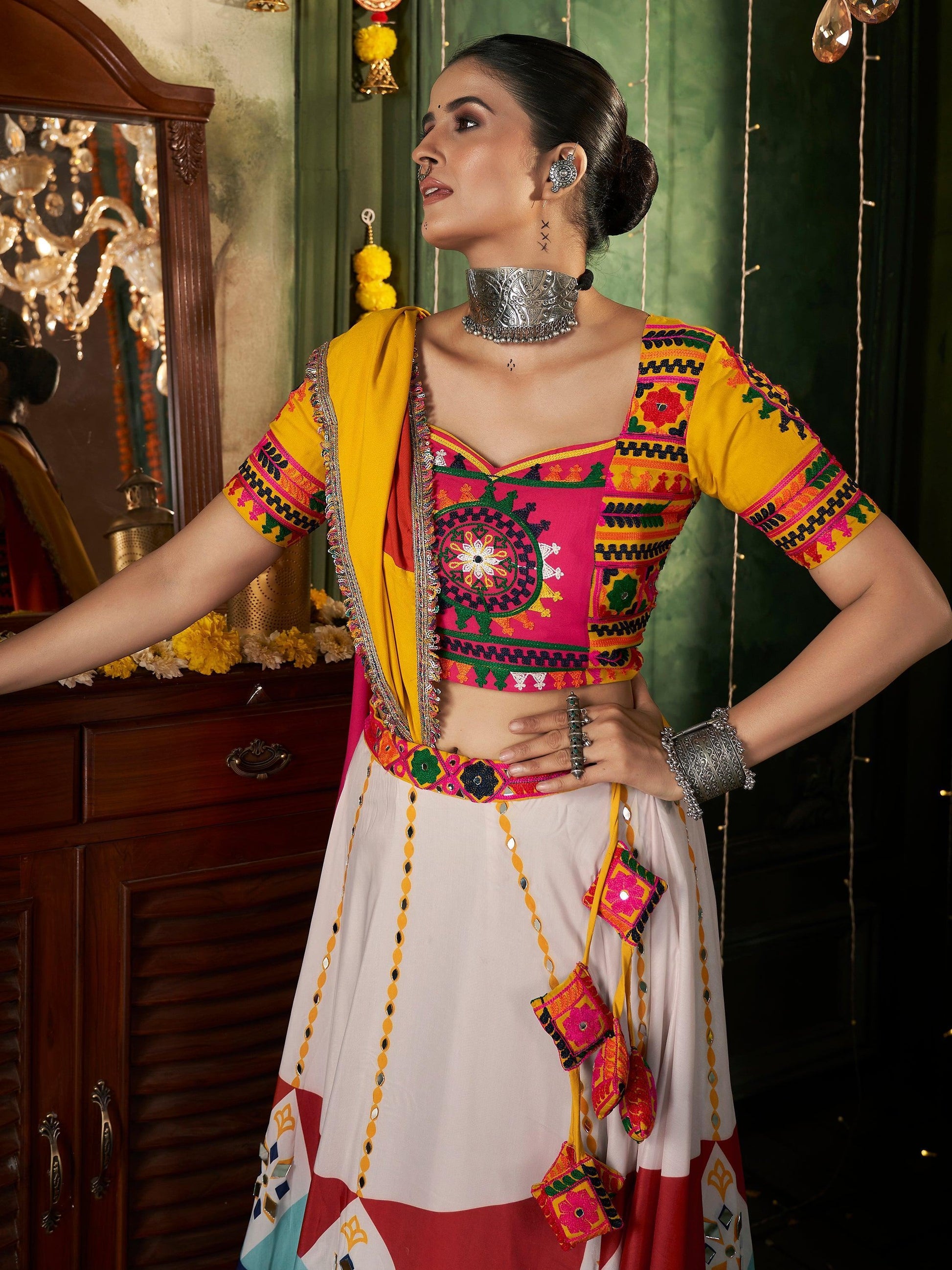 Fantastic White Mirror Work Cotton Navratri Lehenga Choli