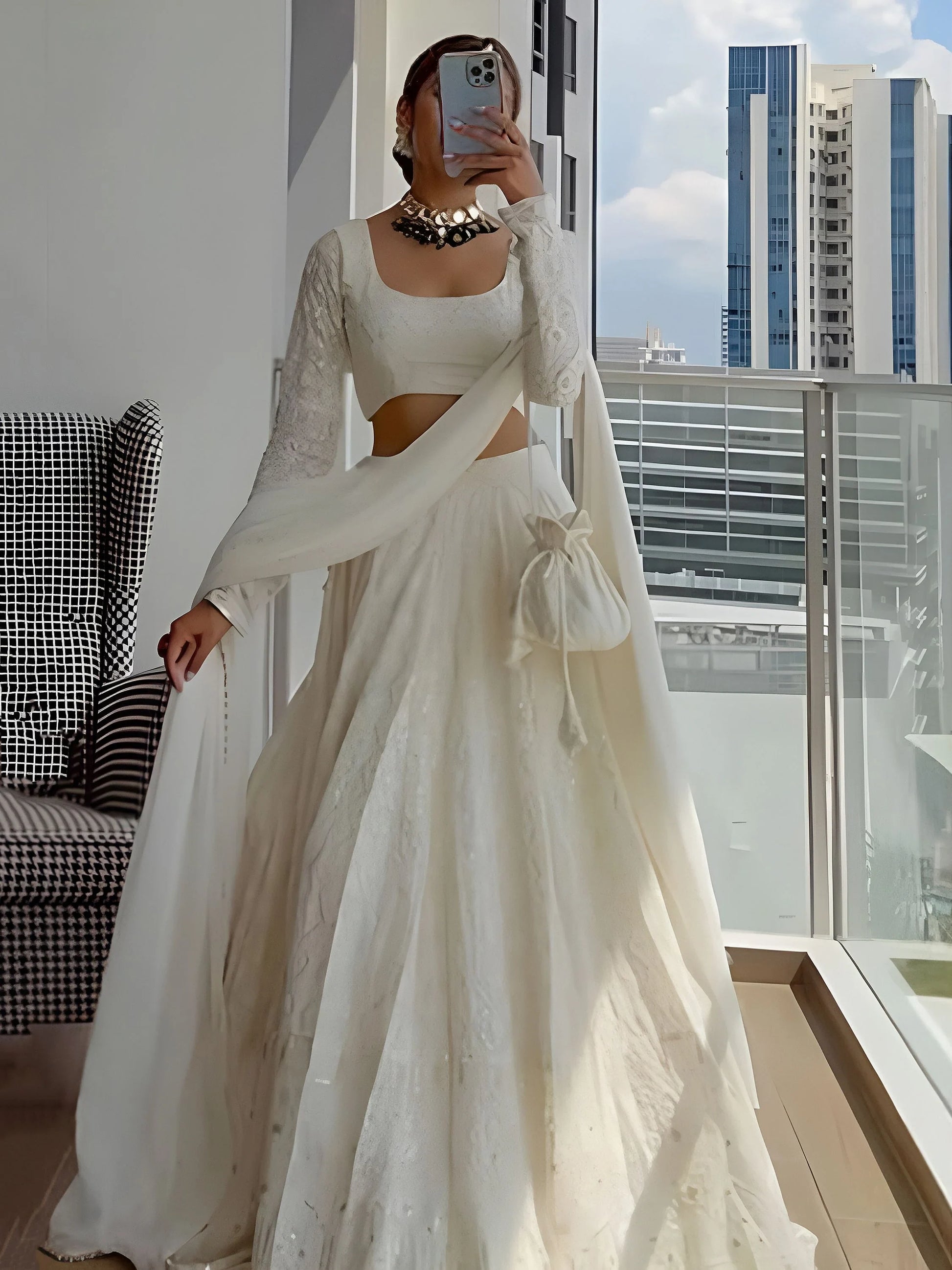 Fantastic White Thread Embroidery Georgette Evening Wear Lehenga Choli