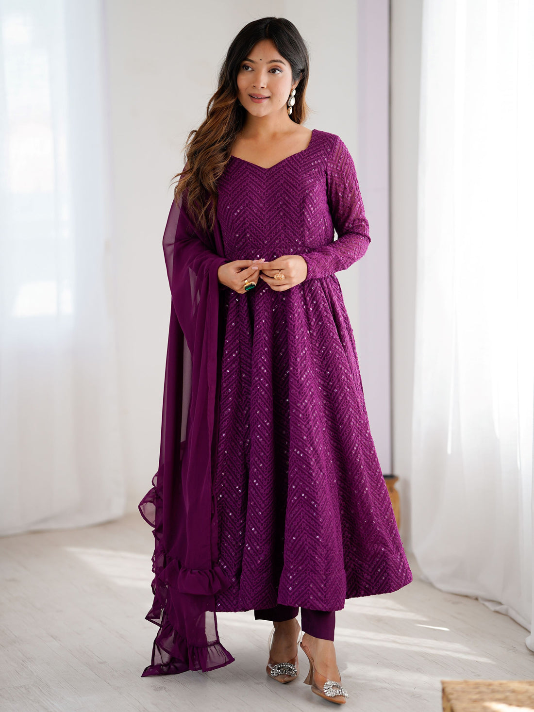 Fantastic Wine Lucknowi Work Georgette Wedding Wear Anarkali Suit - Zeel Clothing
