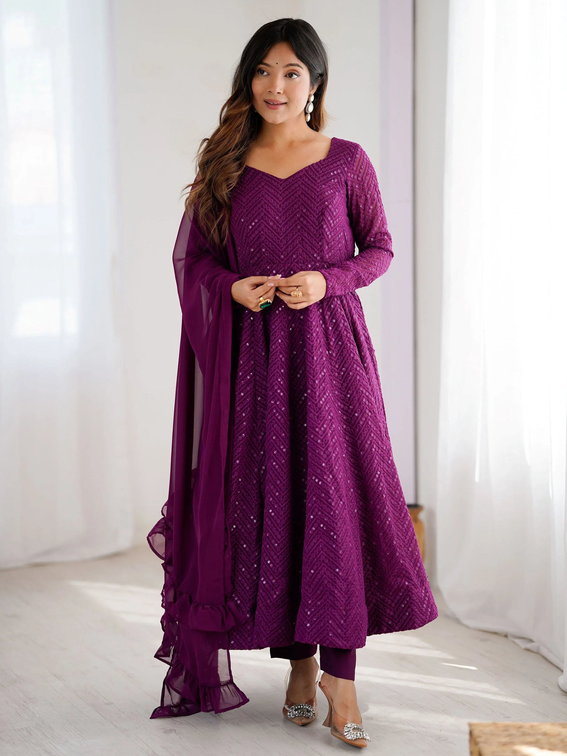 Fantastic Wine Lucknowi Work Georgette Wedding Wear Anarkali Suit - Zeel Clothing