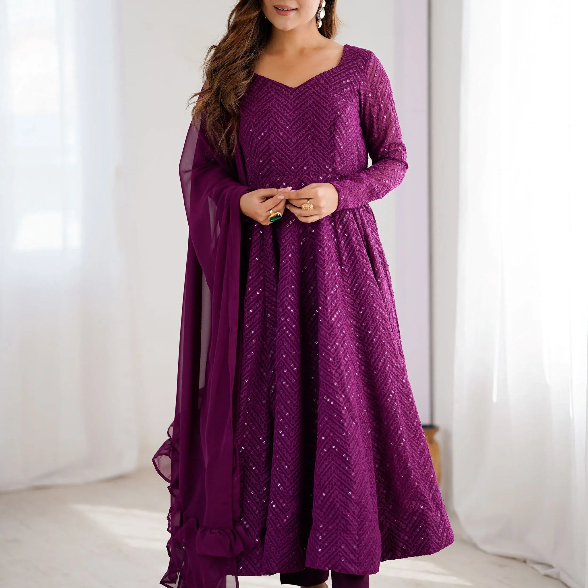 Fantastic Wine Lucknowi Work Georgette Wedding Wear Anarkali Suit - Zeel Clothing
