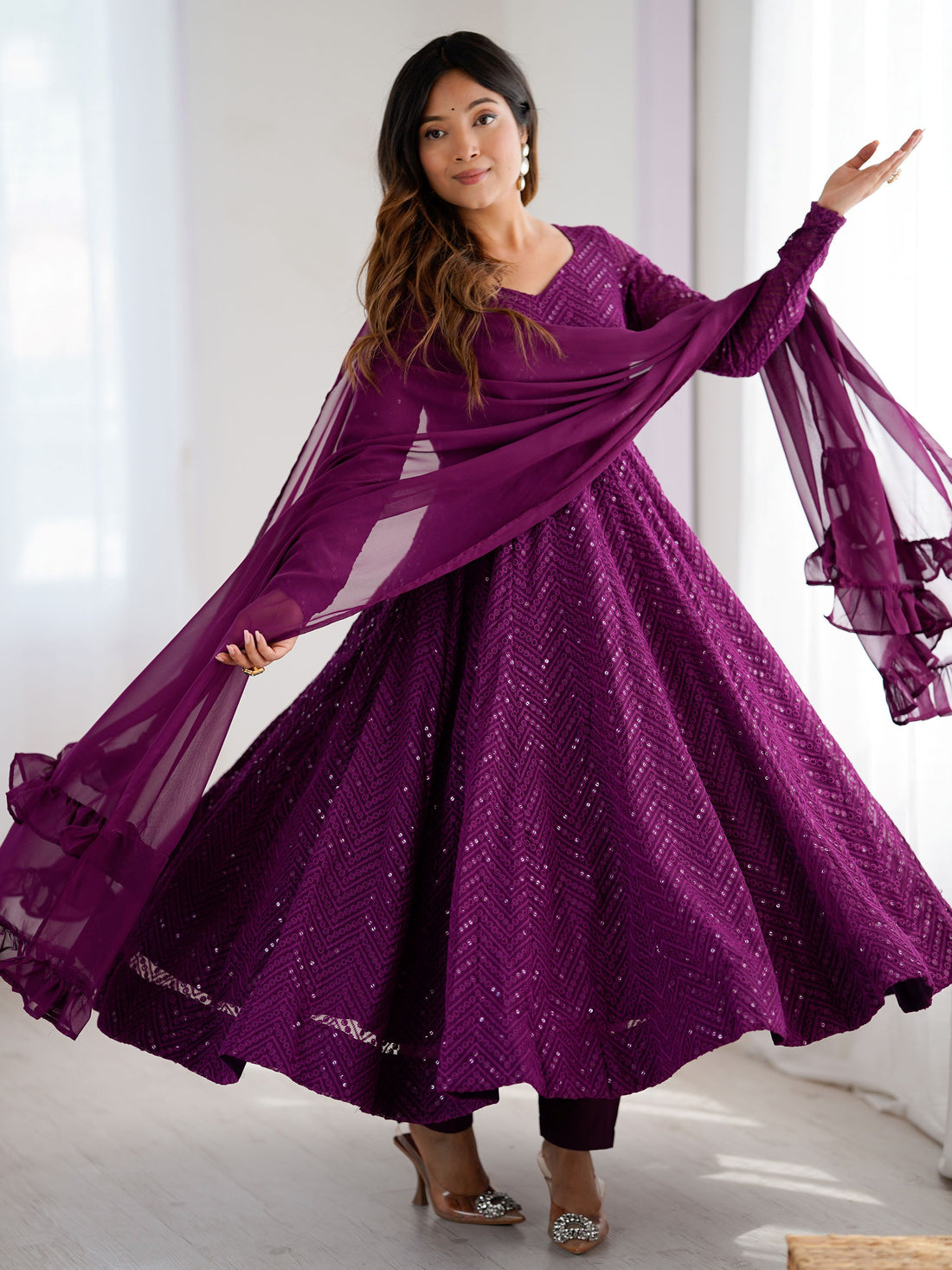 Fantastic Wine Lucknowi Work Georgette Wedding Wear Anarkali Suit - Zeel Clothing